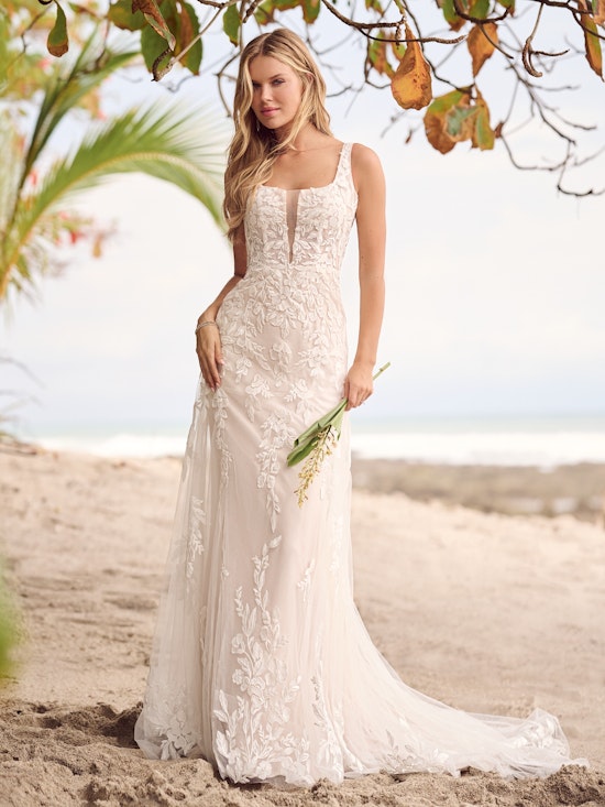 Rebecca Ingram, Maggie Sottero Alanis. Boho Plunging V-Neck Floral Bridal Gown With Jersey Lining And A Scoop Back