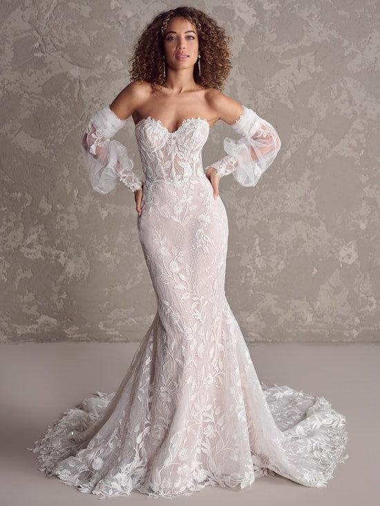 Maggie Sottero Fairchild. Sequin Lace Bridal Gown Lined With Crepe Featuring Floral Details And Romantic Train
