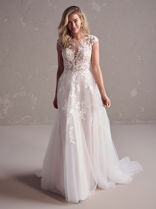 Rebecca Ingram Benicia Romantic Short Sleeve Floral Wedding Gown With An Illusion Lace Back And Plunging Neckline